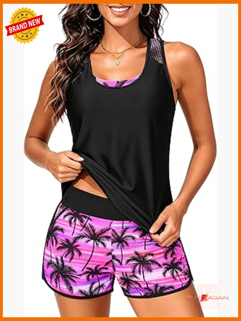 3 Piece Tankini Swimsuit - Mesh Racerback Tank With Sports Bra & Shorts
